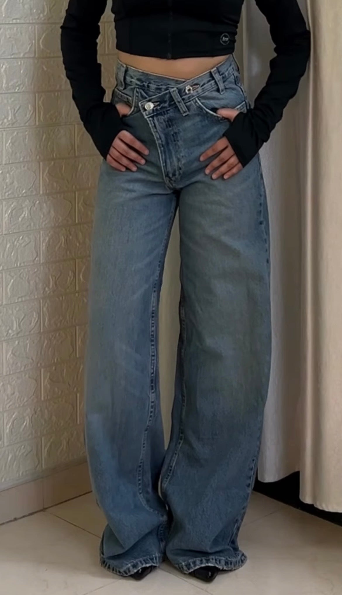 Criss cross waist wide leg jeans