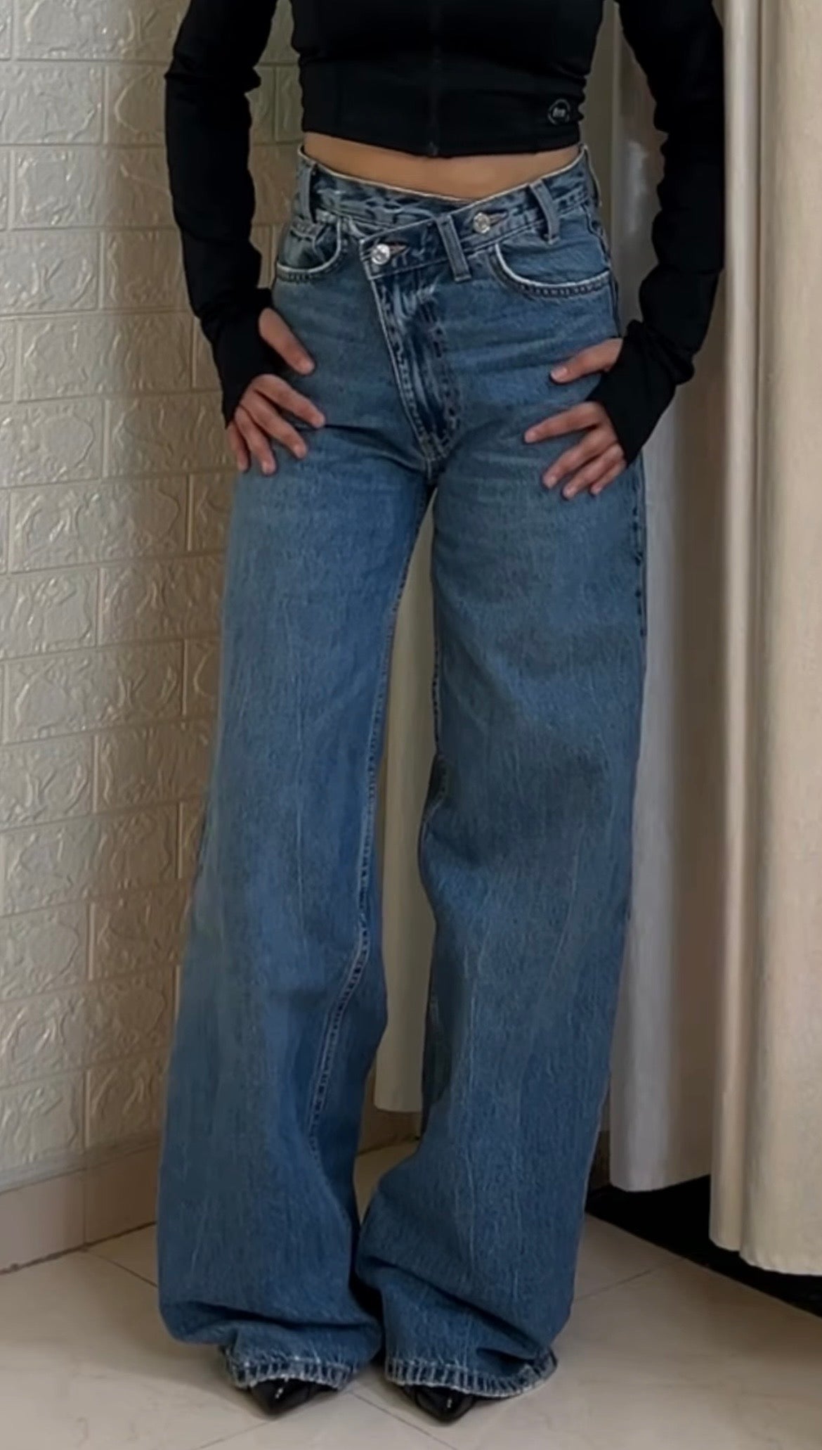 Criss cross waist wide leg jeans